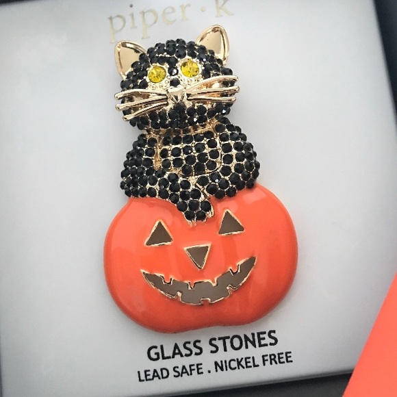 Piper K Halloween Black Cat Brooch With Glass Stones New In Box - Picture 4 of 9